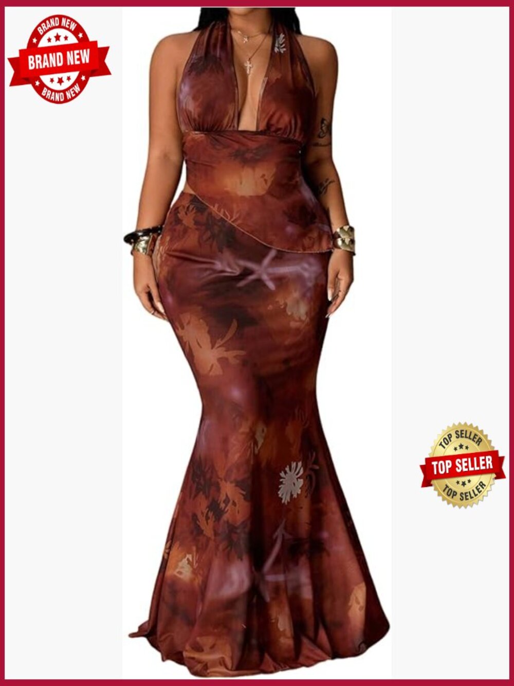Women's Plus Size 2 Piece Vacation Outfit Halter Top & Bodycon Maxi Skirt Set